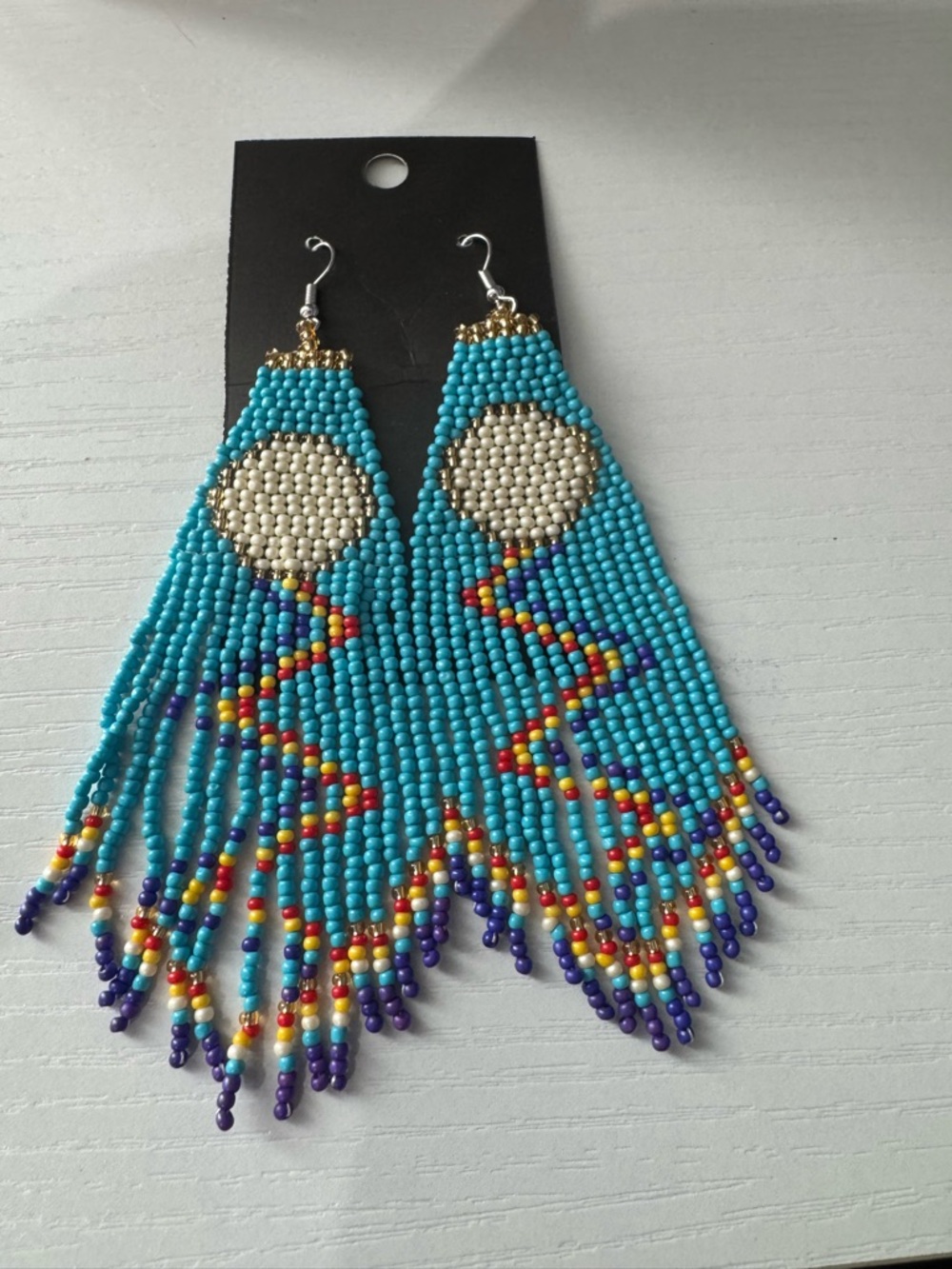 Turquoise Beaded Fringe Earrings with Cream Center - Boho Statement